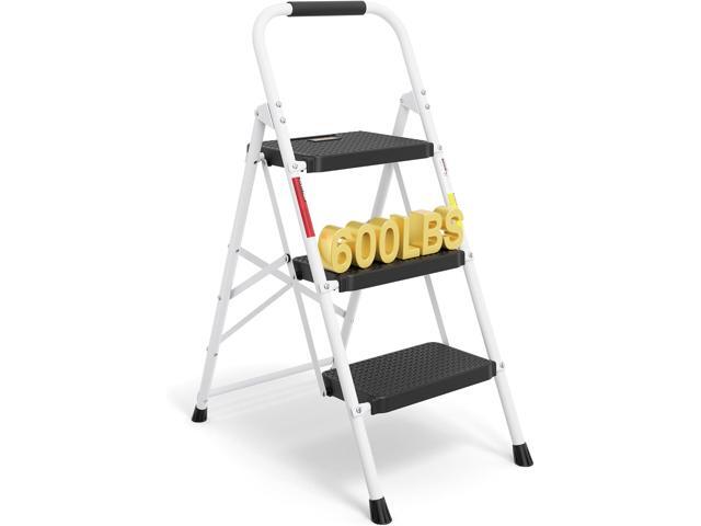 BONTEC 3-Step Ladder, Folding Step Stool, 600lbs Max Load Capacity, White