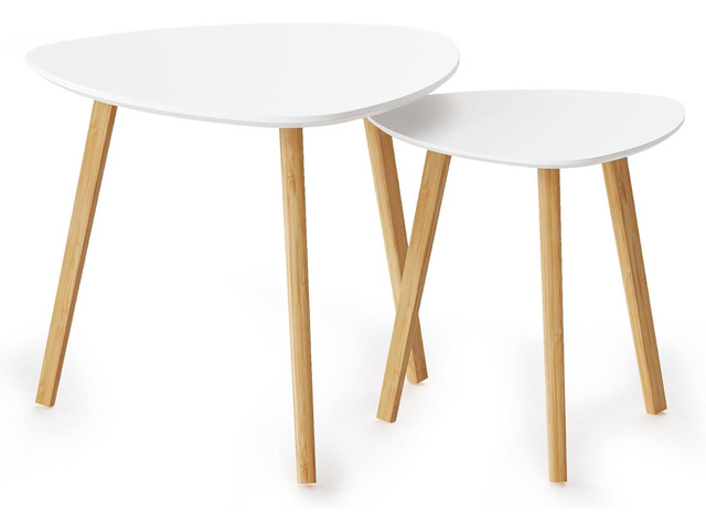 BAMEOS Bamboo Nesting Triangle End Table,Set of 2 Side Table Modern Minimalist Coffee Table for Living Room, Balcony in White