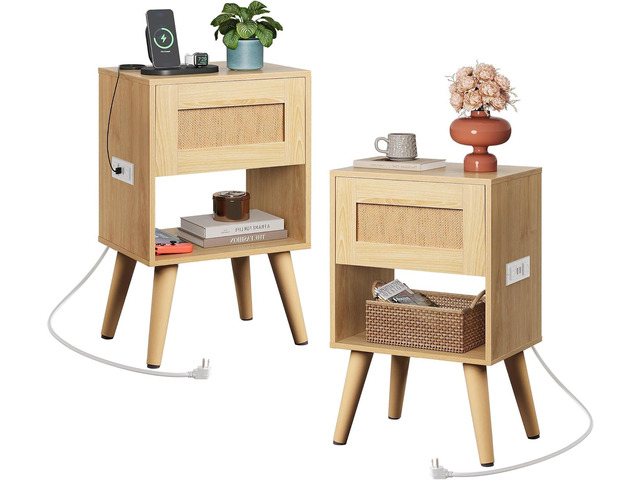 WLIVE Rattan Nightstands Set of 2 with Charging Station, Boho Nightstand, Wood Side Table, Small End Table with Drawers for Bedroom, Natural Oak
