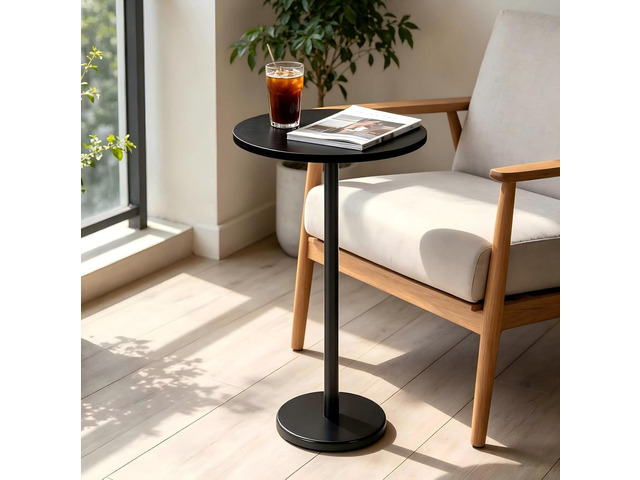 smusei Drink Tables for Small Spaces Pedestal Side Table with Marble Base Small Round Side Table Black Coffee Table for Sofa Couch Chair Patio, Black