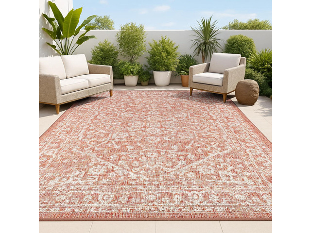 JONATHAN Y Boho Medallion Indoor Outdoor Area Rug 4X6 Red/Taupe, Malta Textured Weave for Backyard, Patio, Porch, Easy-Cleaning, High Traffic,...