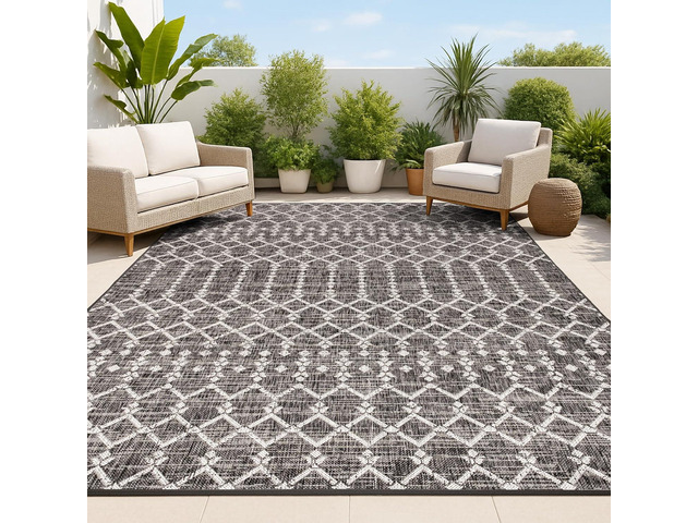 JONATHAN Y Moroccan Geometric Indoor Outdoor Area Rug 4X6 Black/Gray, Ourika Textured Weave for Backyard, Patio, Porch, Easy-Cleaning, High...