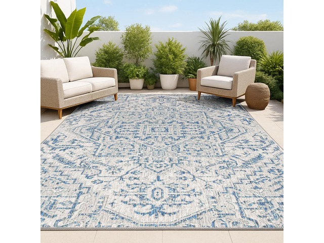 JONATHAN Y Boho Medallion Indoor Outdoor Area Rug 4X6 Navy/Gray, Estrella Textured Weave for Backyard, Patio, Porch, Easy-Cleaning, High Traffic,...