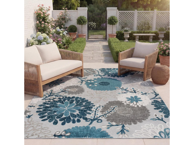 SAFAVIEH Washable Rug Outdoor Cabana Collection - 8' x 10', Grey & Blue, Non-Shedding & Easy to Clean, Ideal for Patio, Backyard, Mudroom (CBN832F)