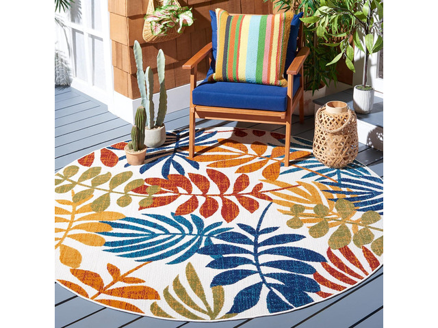 SAFAVIEH Washable Rug Outdoor Cabana Collection - 6'7' Round, Cream & Red, Non-Shedding & Easy to Clean, Ideal for Patio, Backyard, Mudroom (CBN814A)