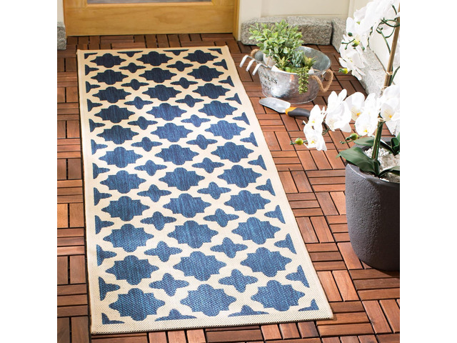 SAFAVIEH Washable Rug Outdoor Courtyard Collection - 2'3' x 14' Runner, Navy & Beige, Non-Shedding & Easy Cleaning, Ideal for Patio, Entryway,...