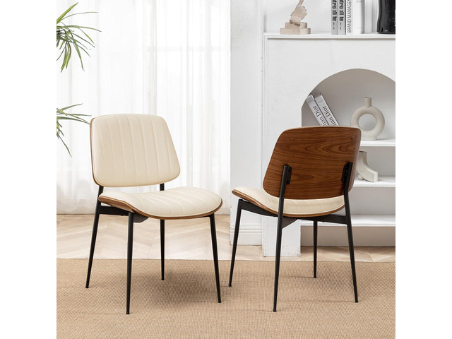 LUNLING Dining Room Chairs Set of 2 Mid Century Modern Retro Beige Faux Leather Chair with Walnut Bentwood Upholstered Seat Metal Legs Kitchen...