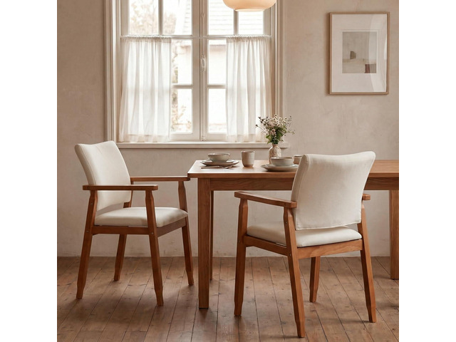 Set of 2 Mid Century Modern Walnut Dining Chairs Wood Arm Beige Fabric Kitchen Cafe Living Room Decor Furniture
