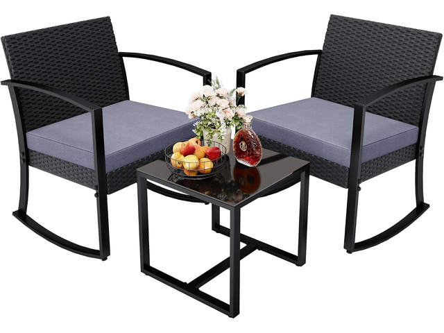 Greesum 3 Pieces Outdoor Furniture Set Patio Bistro Rocking Chairs with Glass Coffee Table for Pool Beach Backyard Balcony Porch Deck Garden, Gray