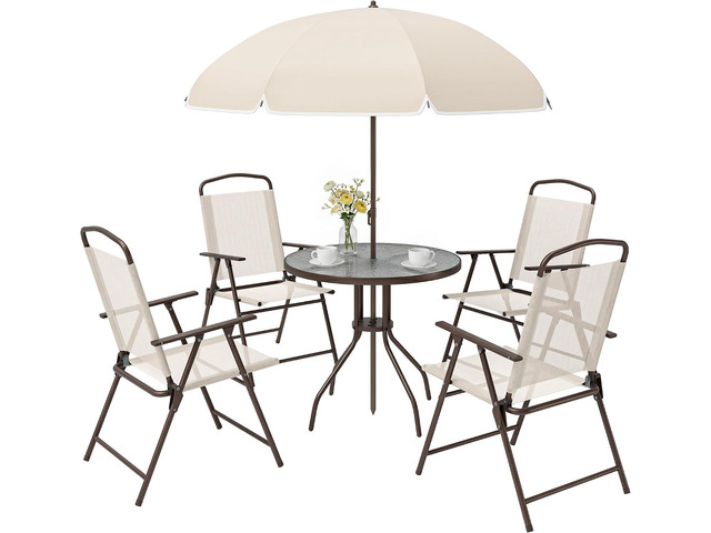 Outsunny 6 Piece Patio Dining Set for 4 with Umbrella, Beige