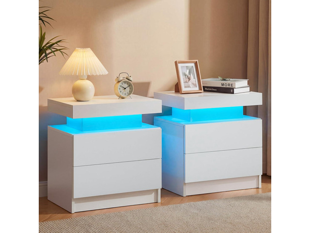 i-aplus White Modern LED Nightstand Set of 2 with 2 Wood Drawer for Bedroom