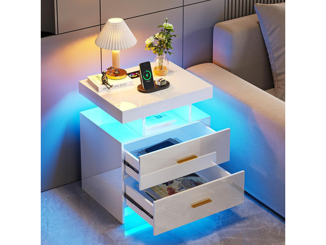 HNEBC LED Nightstand with Wireless Charging Station for Bedroom,White
