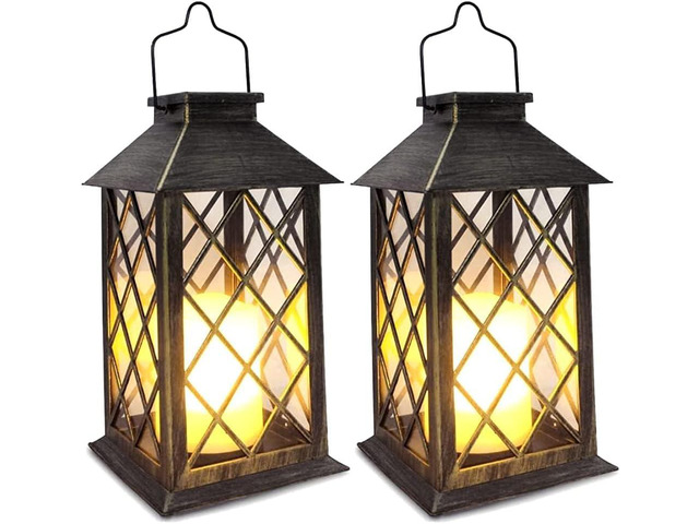 SHYMERY Solar Lantern,Outdoor Garden Hanging Lanterns,2 Pack 14 Inch Lasts 3X Longer 10 lumens Waterproof LED Flickering Flameless Candle Mission...