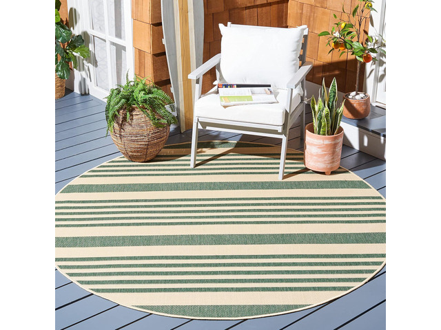 SAFAVIEH Washable Rug Outdoor Courtyard Collection - 4' Round, Beige & Dark Green, Non-Shedding & Easy Cleaning, Ideal for Patio, Backyard, Mudroom...