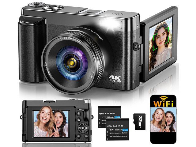 4K Digital Camera for Photography Autofocus, Upgraded 64MP WiFi Vlogging Camera for YouTube with 3' 180° Flip Screen, 16X Zoom, Compact Travel...