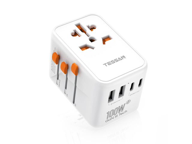 Universal Travel Adapter 100W GaN International Power Adapter, 5 USB Ports (3 USB C), Worldwide Outlet US to Europe UK AUS Ireland, Type C/G/A/I