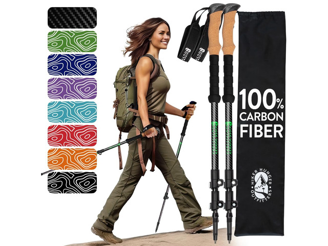100% Carbon Fiber Trekking Poles by USA Brand - Ultra Strong Lightweight Collapsible Hiking Poles with Cork and EVA Foam Grips & Quick Adjustable...
