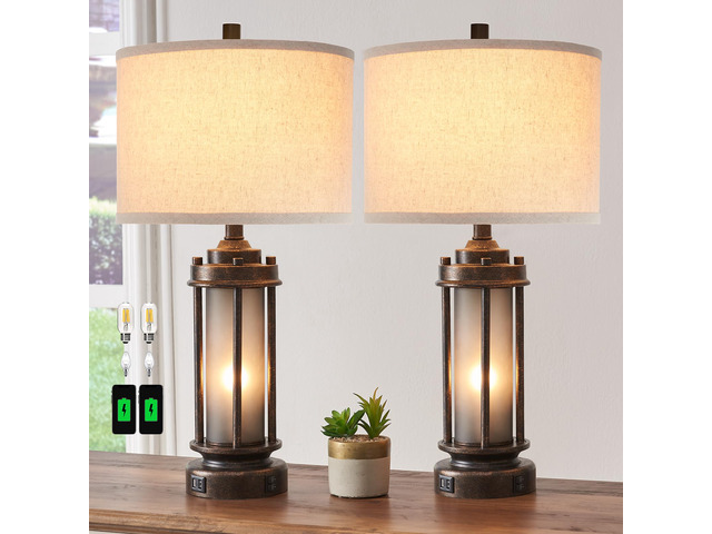 Set of 2 Farmhouse Table Lamps for Living Room with USB C+A Ports Rustic Vintage Bedroom Nightstand Lamp, Built-In Frosted Glass Night Light for...