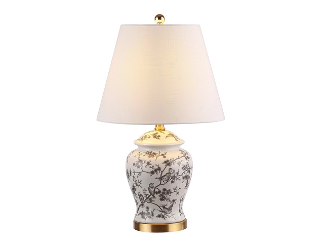 Penelope Ginger Jar 22' LED Table Lamp, Gray/White Chinoiserie, Ceramic Metal Construction, French Country Traditional, Linen Empire Shade, Brass...