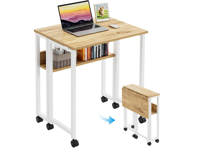 Folding Desk with Wheels, 31.5' Rolling Table for Small Spaces Storage Shelf, Lockable Casters, Compact Portable Workstation, Space-Saving...