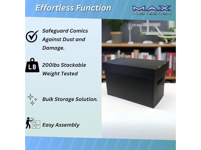 Max Protection Comic Book Storage Boxes - Short Cardboard Black Case for 150-175 Comic Books - Double Thickness Design - Premium Stackable Book Box...