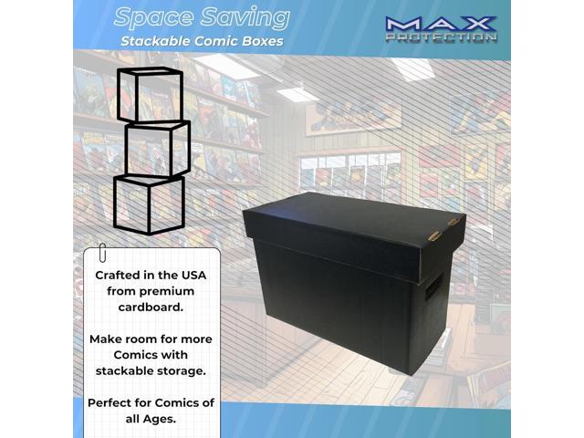 Max Protection Comic Book Storage Boxes - Short Cardboard Black Case for 150-175 Comic Books - Double Thickness Design - Premium Stackable Book Box...