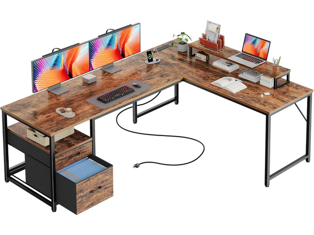 PRAISUN 63 Inch L Shaped Desk with Power Outlets and USB-C Port, Computer Corner Home Office Desk with File Fabric Drawers and Movable Monitor...