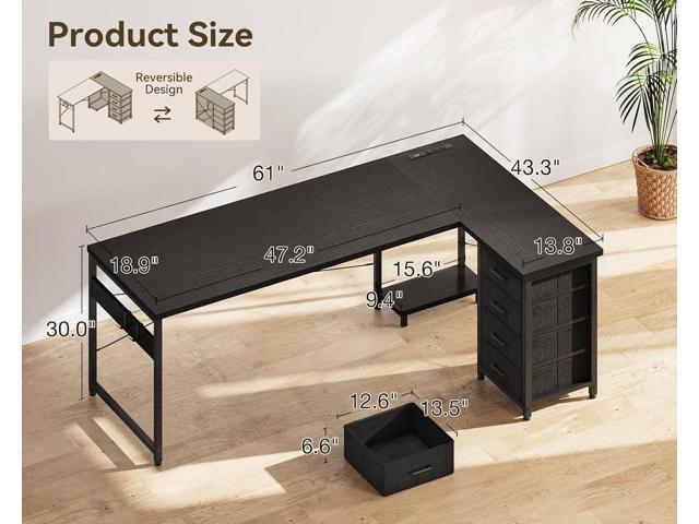 AODK L Shaped Gaming Desk with 4 Drawers, 61' Reversible Home Office Desks with Power Outlets, L Shaped Computer Desk with USB Charging Port and...