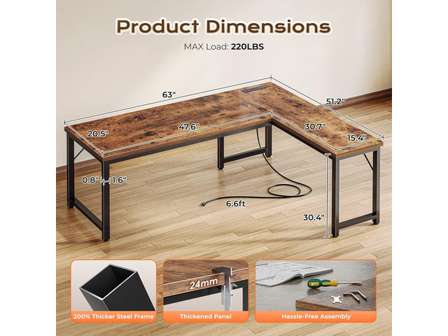 Huuger 63 Inch L Shaped Desk with Power Outlets and USB-C Port, 0.95 Inch Thicker Desktop, Reversible Computer Desk, Larger Office Corner Gaming...
