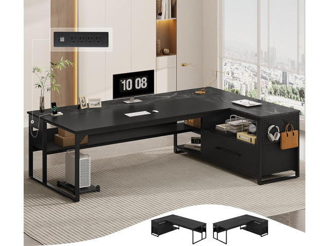 71' Executive Desk, Large Office Desk with Widen File Drawers & Power Outlets, Reversible L Shaped Computer Desk Corner Desk with Storage Shelves,...
