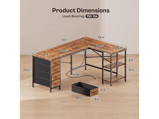 Huuger 55 Inch L Shaped Desk with Fabric Drawers, Reversible Computer Gaming Desk with Power Outlets and USB-C Port, Adjustable Side Storage...