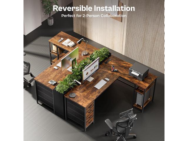 Huuger 55 Inch L Shaped Desk with Fabric Drawers, Reversible Computer Gaming Desk with Power Outlets and USB-C Port, Adjustable Side Storage...
