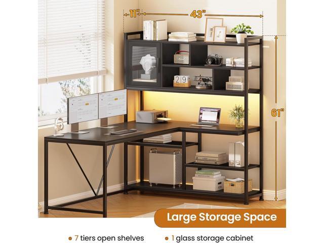 SEDETA L Shaped Computer Desk, 58'' Office Desk with LED Light and Bookshelf, L Shaped Corner Desk with Storage Shelves for Home Office, Gaming...
