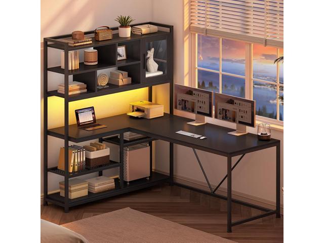 SEDETA L Shaped Computer Desk, 58'' Office Desk with LED Light and Bookshelf, L Shaped Corner Desk with Storage Shelves for Home Office, Gaming...