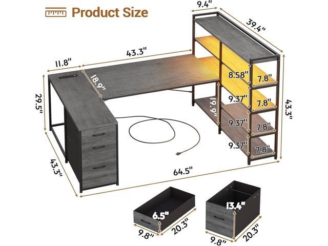 SEDETA Corner Computer Desk, Reversible U Shaped Office Desk with 3 Fabric Drawers and Power Outlet, Corner Gaming Desk with LED Lights, Storage...