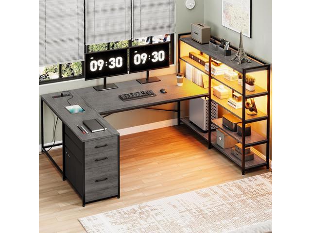SEDETA Corner Computer Desk, Reversible U Shaped Office Desk with 3 Fabric Drawers and Power Outlet, Corner Gaming Desk with LED Lights, Storage...