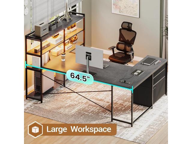 SEDETA Corner Computer Desk, Reversible U Shaped Office Desk with 3 Fabric Drawers and Power Outlet, Corner Gaming Desk with LED Lights, Storage...