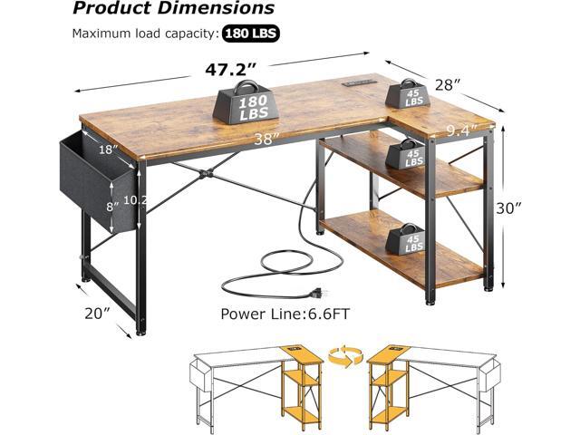 EnHomee 48 Inch L Shaped Computer Desk with Storage Shelves & Side Bag, Office Desk with Power Outlets, Small Corner Desk for Gaming Working Small...