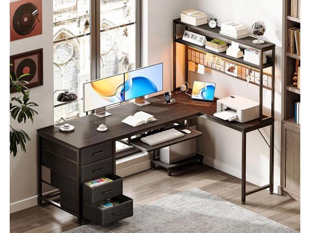 AODK 59 Inch L Shaped Desk with 4 Drawers, Reverisble Computer Desk with Keyboard Tray & Pegboard, Home Office Desk with Storage Shelves & CPU...