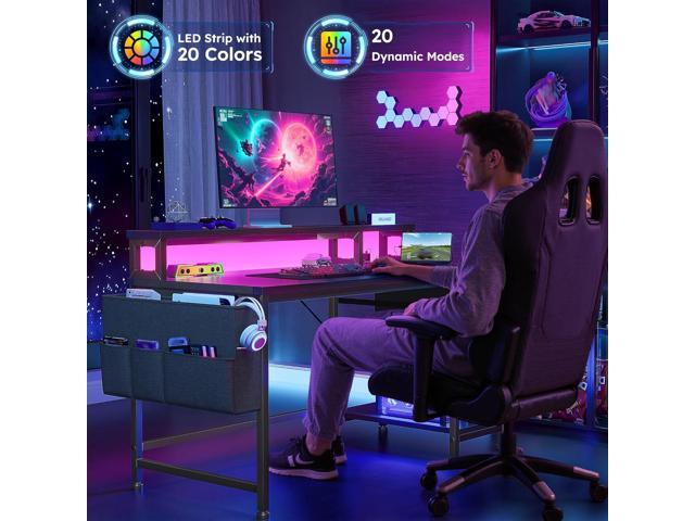 40' Gaming Desk with Drawers & Storage Bag, Computer Desk with Power Outlets and LED Lights, Office Desk with Monitor Stand for Bedroom Gaming Room,...
