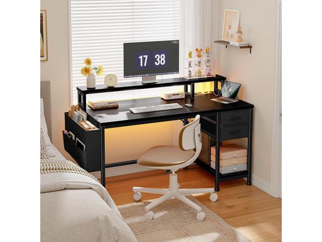 40' Gaming Desk with Drawers & Storage Bag, Computer Desk with Power Outlets and LED Lights, Office Desk with Monitor Stand for Bedroom Gaming Room,...