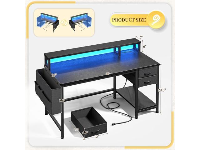 40' Gaming Desk with Drawers & Storage Bag, Computer Desk with Power Outlets and LED Lights, Office Desk with Monitor Stand for Bedroom Gaming Room,...