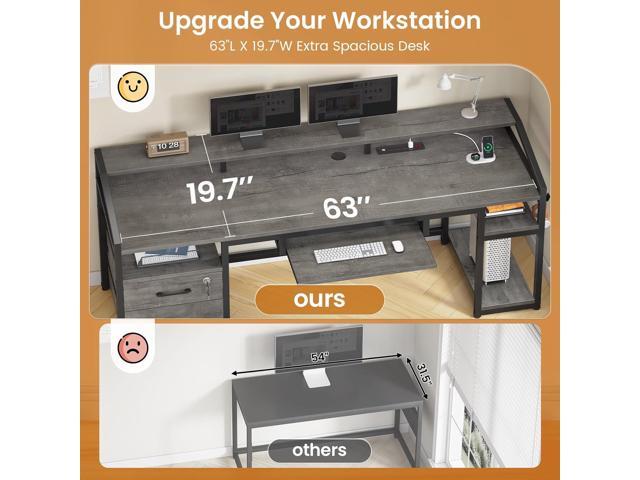 SEDETA 63' Computer Desk, Office Desk with Lockable Drawers for Legal/Letter File, Gaming Desk with LED Lights & Power Outlet, Home Office Desks...