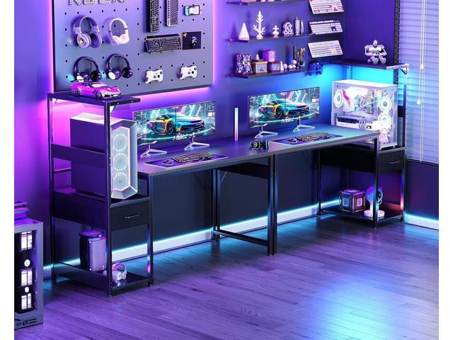 Casaottima 48 Inch Gaming Desk with Storage & LED Lights, Reversible Computer Desk with Display Shelves & Fabric Drawer, Modern Gamer Desk Table...
