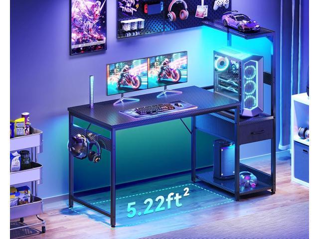 Casaottima 48 Inch Gaming Desk with Storage & LED Lights, Reversible Computer Desk with Display Shelves & Fabric Drawer, Modern Gamer Desk Table...