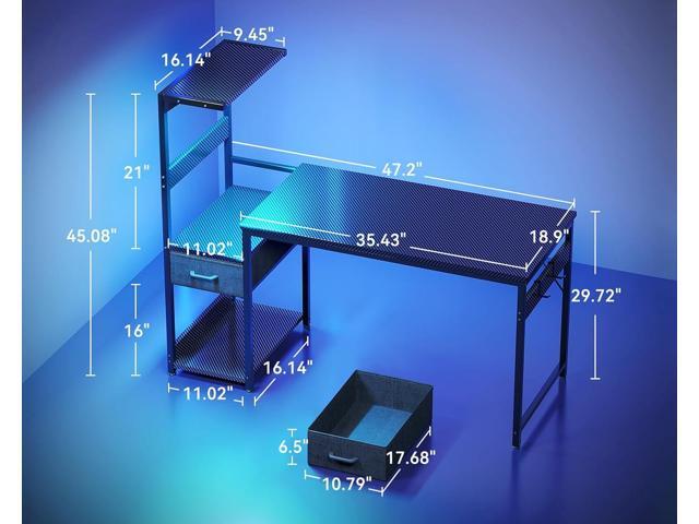 Casaottima 48 Inch Gaming Desk with Storage & LED Lights, Reversible Computer Desk with Display Shelves & Fabric Drawer, Modern Gamer Desk Table...