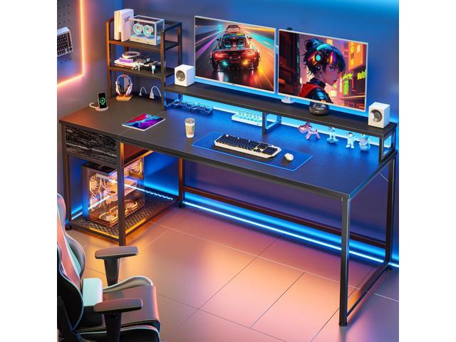 EnHomee 55 Inch Computer Desk with Hutch and Drawers, Reversible Gaming Desk with Monitor Shelf, Home Office Desks with USB Power Outlets and...