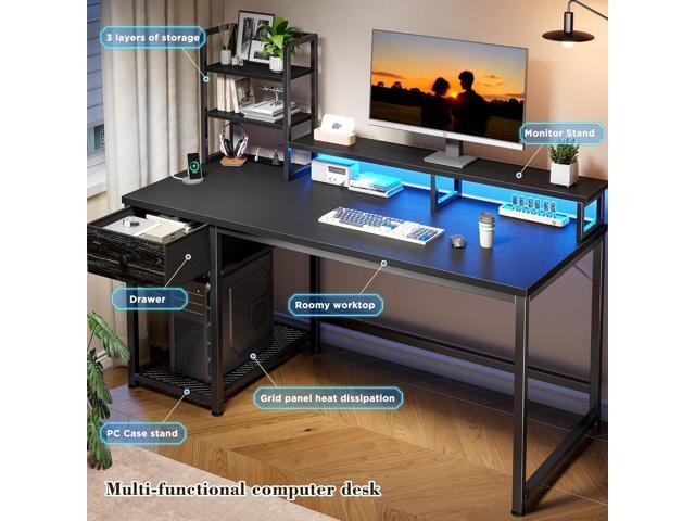 EnHomee 55 Inch Computer Desk with Hutch and Drawers, Reversible Gaming Desk with Monitor Shelf, Home Office Desks with USB Power Outlets and...