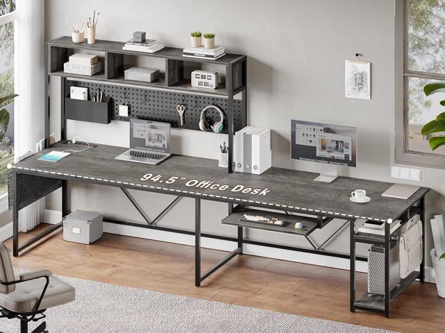 SEDETA L Shaped Desk, 94.5 Inch Home Office Desk with Power Outlet & Pegboard, L Shaped Gaming Desk with LED Light, Keyboard Tray, Storage Shelves...