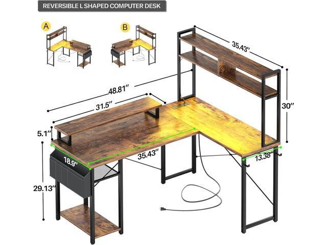 Aheaplus Small L Shaped Gaming Desk with LED Lights & Power Outlets, Reversible L-Shaped Computer Desk with Monitor Stand & Storage Shelf, Corner...